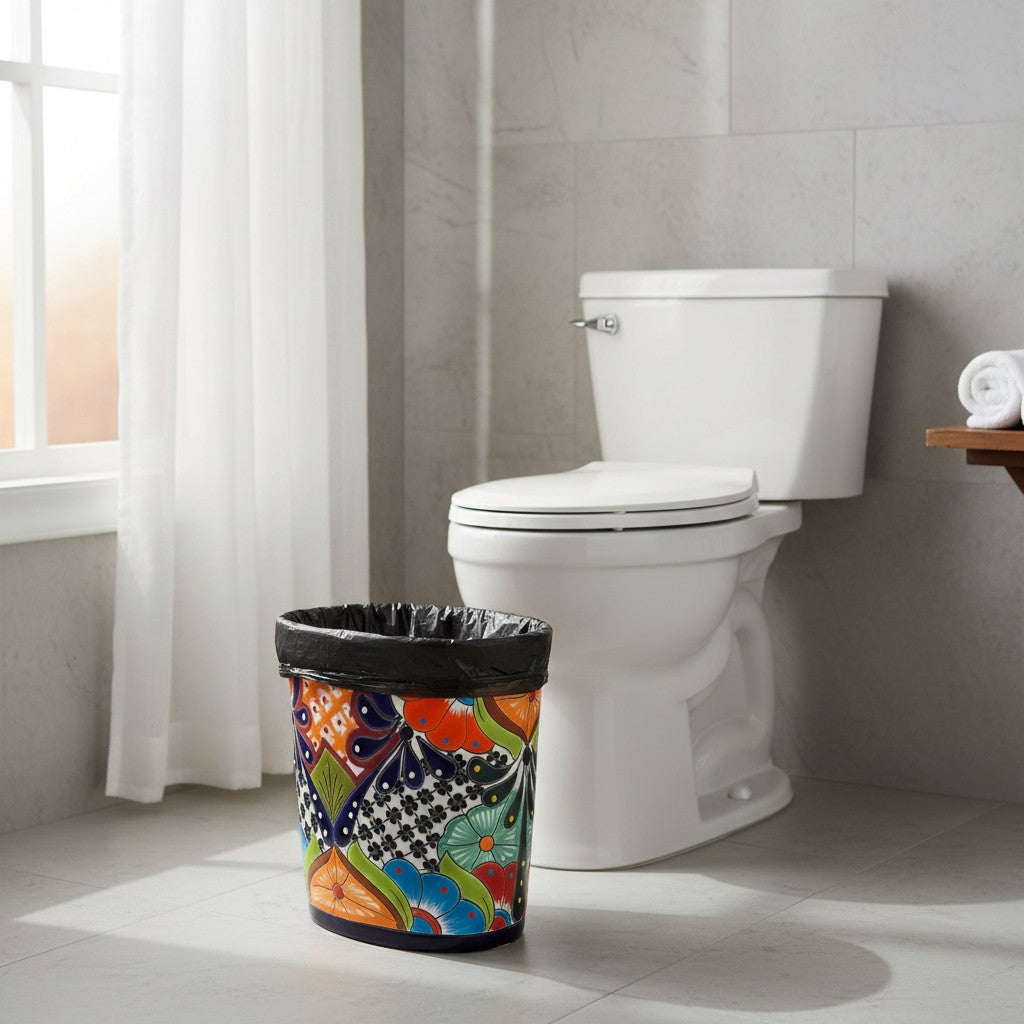 Colorful Talavera Trash Can Handmade Mexican Waste Bin - - wastebaskets
