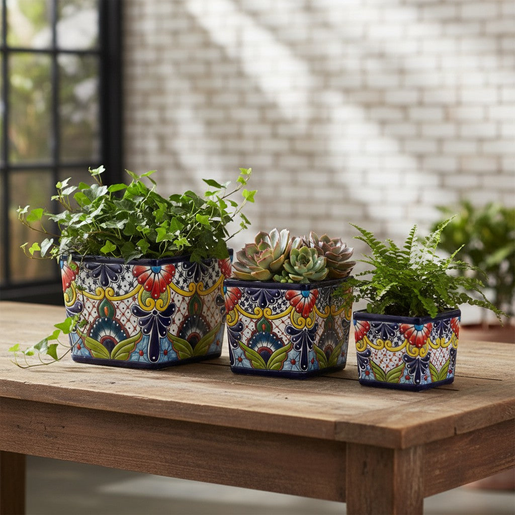 Set of 3 Hand-Painted Talavera Square Planters Set Floral Pots - - Talavera Flower Pot