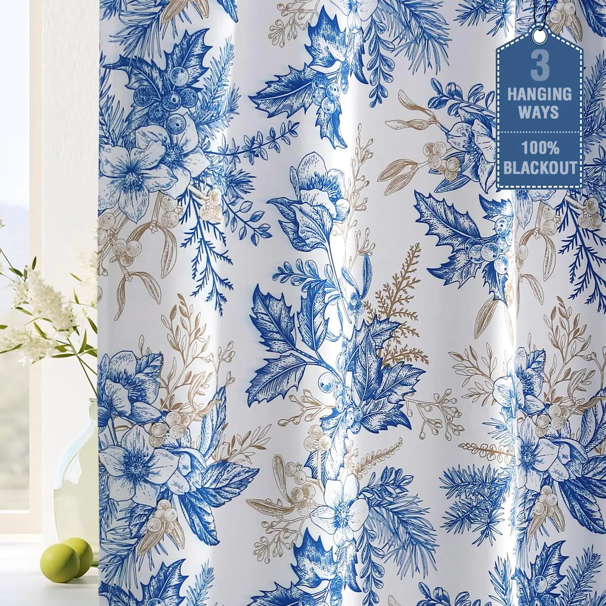 Blue Floral Curtains with Black Liner Thermal Insulated Tab Rod Pocket Curtains 2 Panels - Kia Day Design