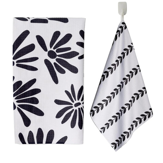 DIBALA Dish Towels for Kitchen Drying - High Absorbency Quick-Dry Microfiber Kitchen Towels (18x30 Inches 2-Pack Set) Dish Towels for Kitchen with Hanging Loop(Black and White Daisy) Kia Day Design