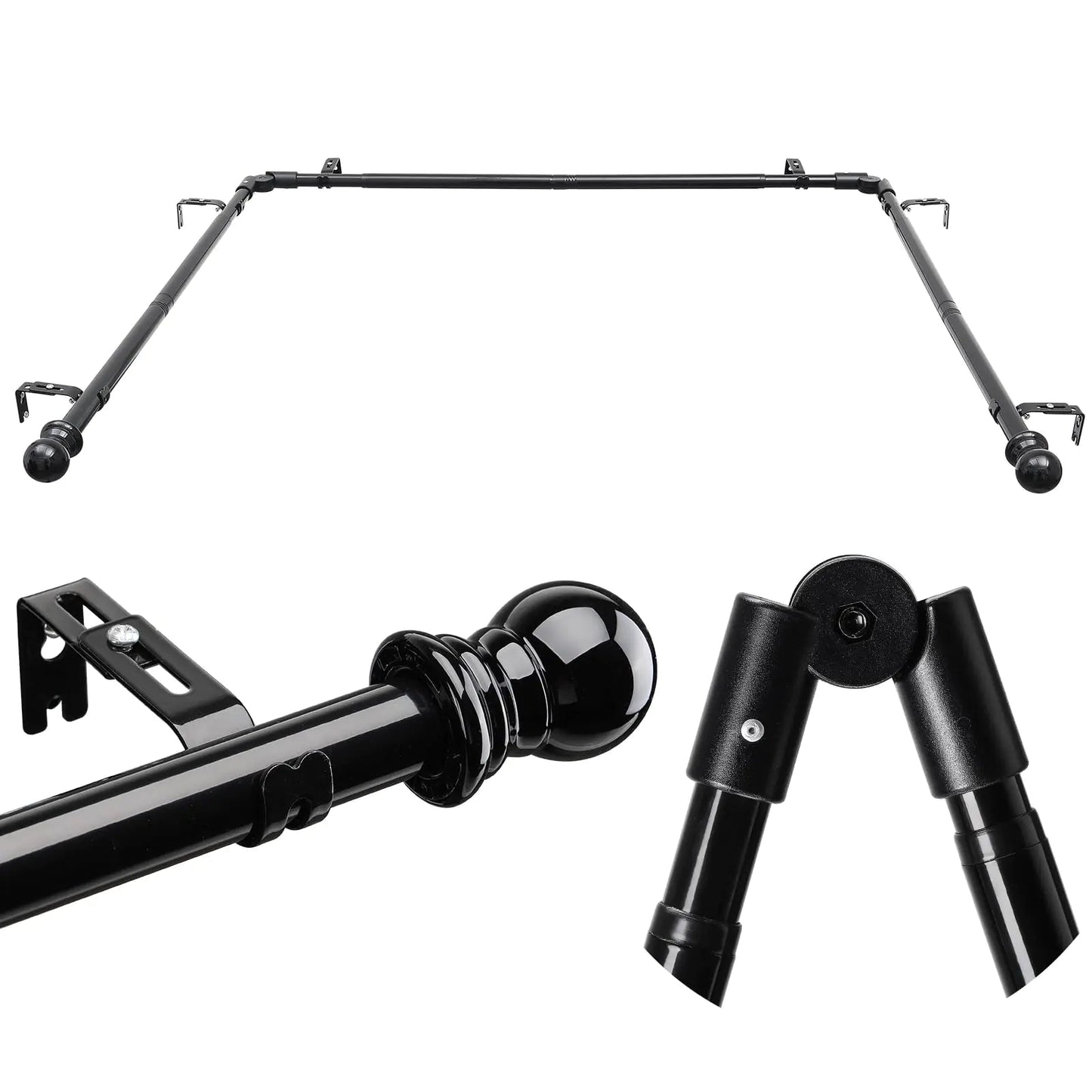 Bay Window Curtain Rods 3 Sides 59-184 Inch Retractable Metal Corner Curtain Rods - Kia Day Design