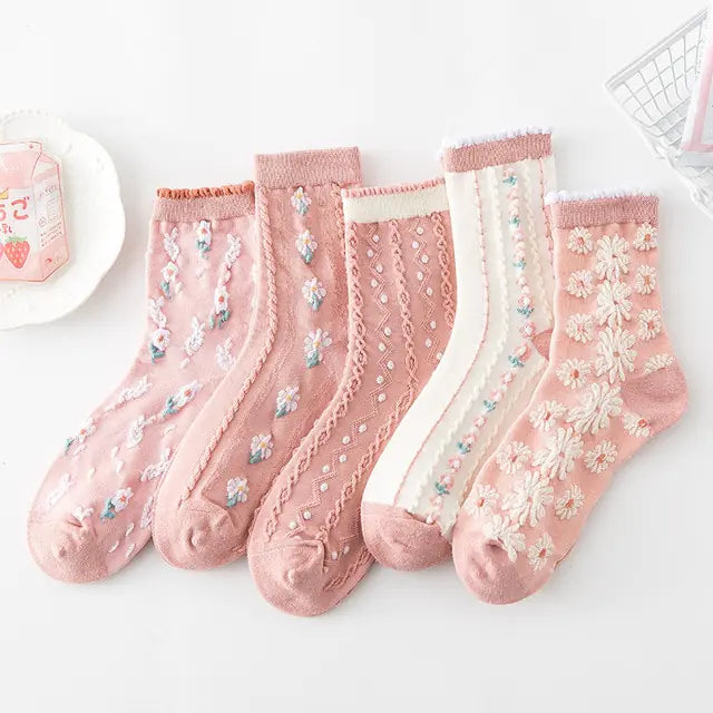 5 Pairs Flower Embroidered Socks - Kia Day Design