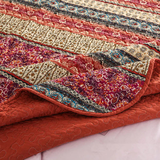 Red Cotton Linen Quilt Set with Bed Cover 3 Pc - Kia Day Design