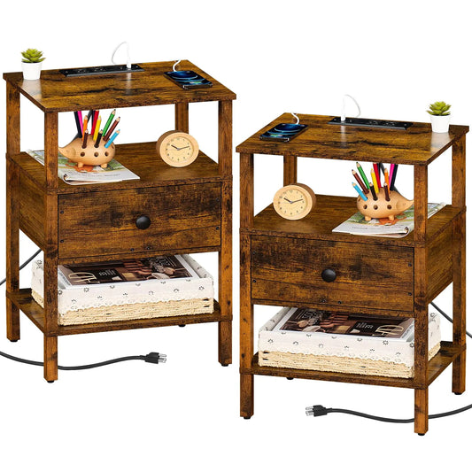Lerliuo 3-Tier Storage End Table Set with Charging Station and USB Ports - Brown set 2 - table