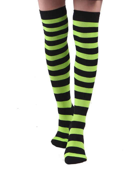 Black & Lime Green Womens Extra Long Striped Socks Over Knee High Opaque Stockings - - stockings