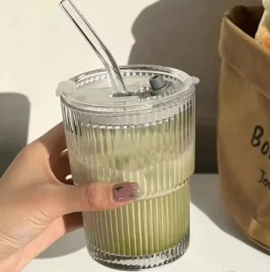 Transparent Stripe Glass Cup with Lid and Straw Kia Day Design