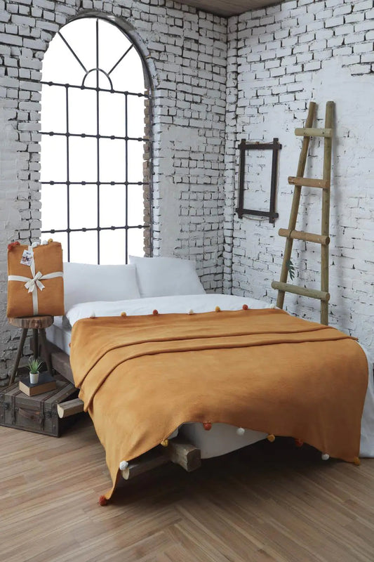 Dolce Bonita Home Single Pom Pom Pique Blanket 150x200, Mustard Kia Day Design