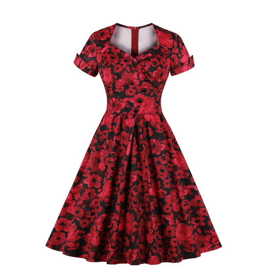 Retro Floral Waist-Defined Dress - Red M - dress