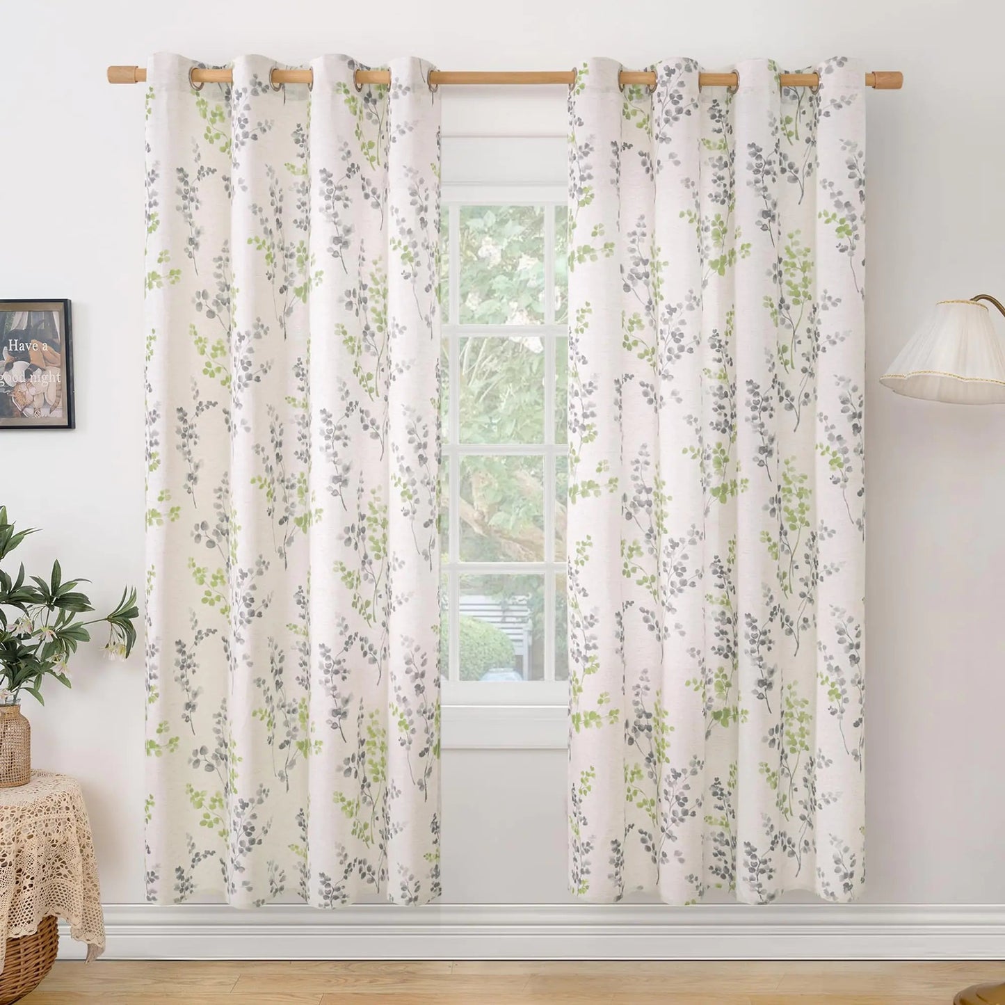 Sage Green Floral Leaf Light Filtering Linen Curtains 72 L 52 W 2 Panels - Kia Day Design