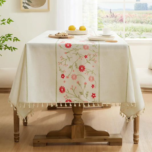 Pink Flowers Spring Linen Rectangle Tablecloth - Kia Day Design