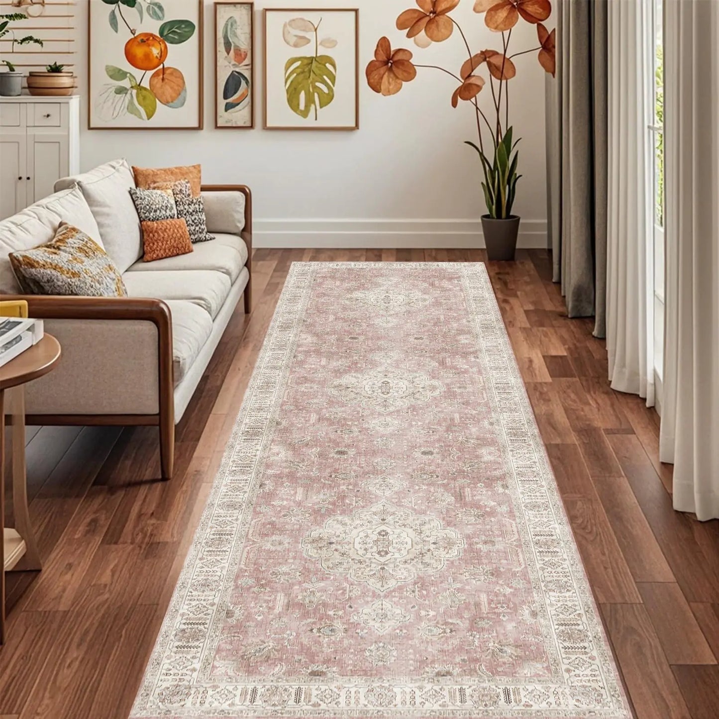 Distressed Pink Geometric Washable Runner Non Slip - Kia Day Design