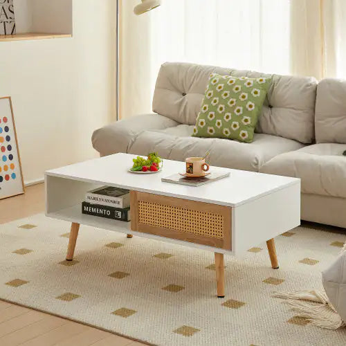 White Rattan Coffee Table - - table