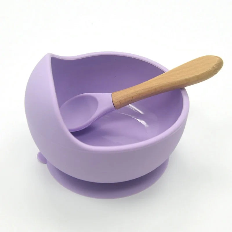 Baby Silicone Feeding Set with Wooden Handle Spoon Purple