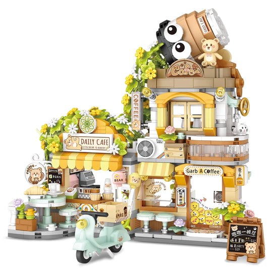 Street View Coffee Shop Mini Building Blocks MOC Creative Building Toys Cute Animals Building Set for Girls 6-12 Simulation Architecture Construction Toy Gift Idea for Kids Adults (1077 PCS) Kia Day Design