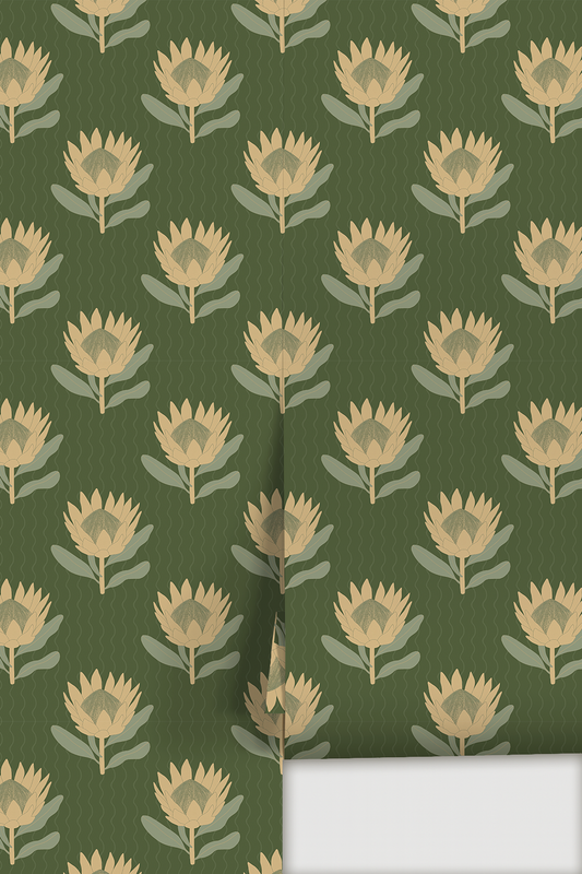 King Protea Wallpaper Forest Green and Butter Yellow - LUXE Peel & Stick - Wallpaper
