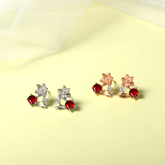 S925 Silver Ruby Blossom Earrings with Crystal Accents