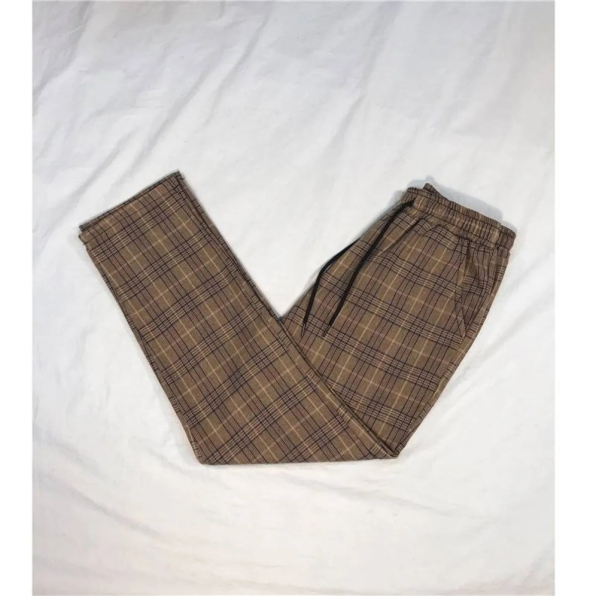 Women Streetwear Plaid Pants - Brown -