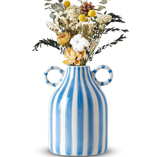 Blue and White Striped Ceramic Decorative Vase - Kia Day Design