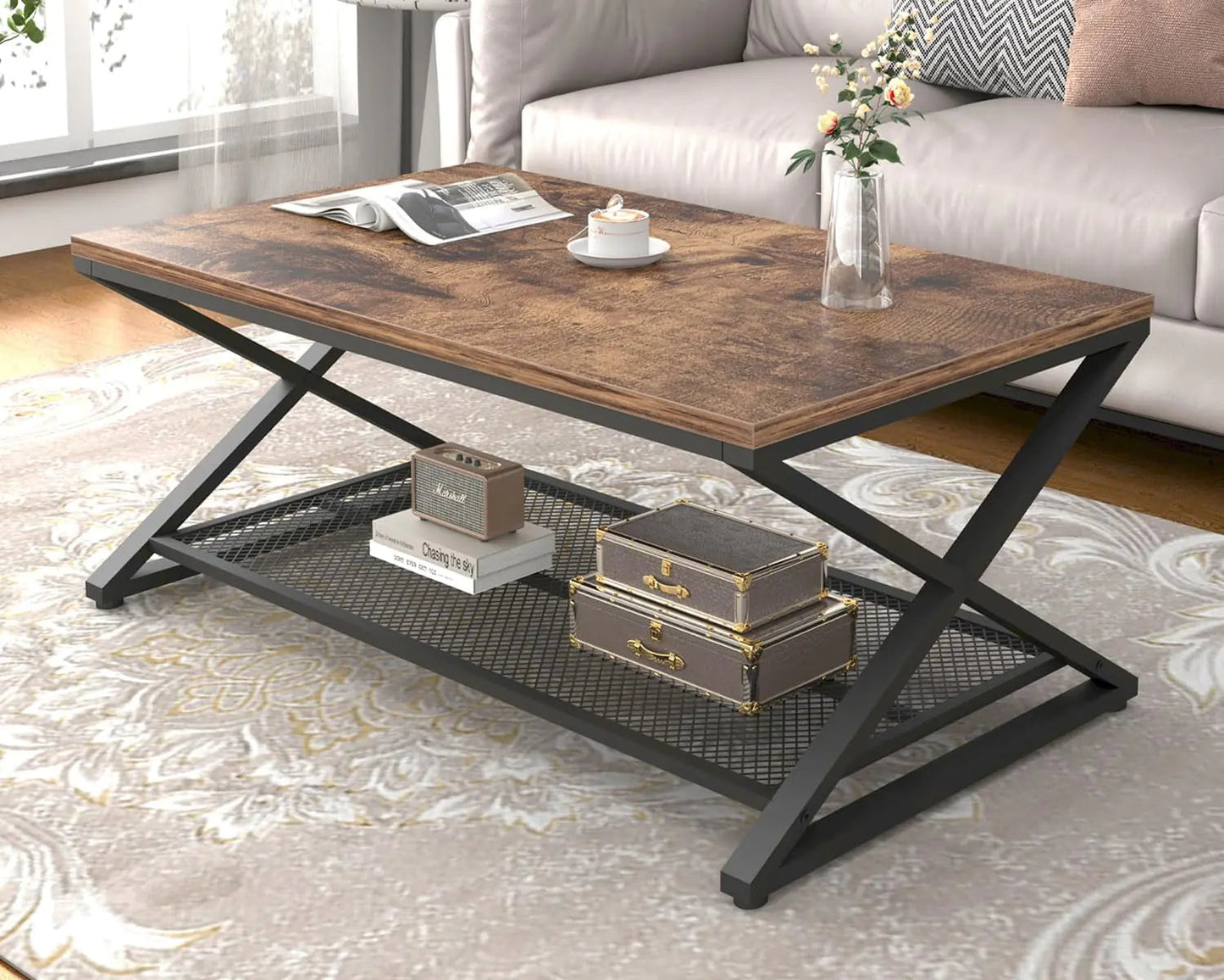 2 Tier Rustic Coffee Table Metal Wood with Storage with Mesh Shelf - Kia Day Design