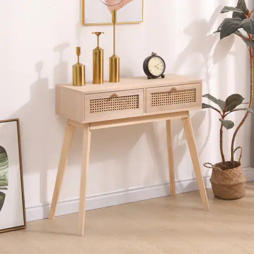 Wood Side Table with Two Rattan Drawers - Kia Day Design