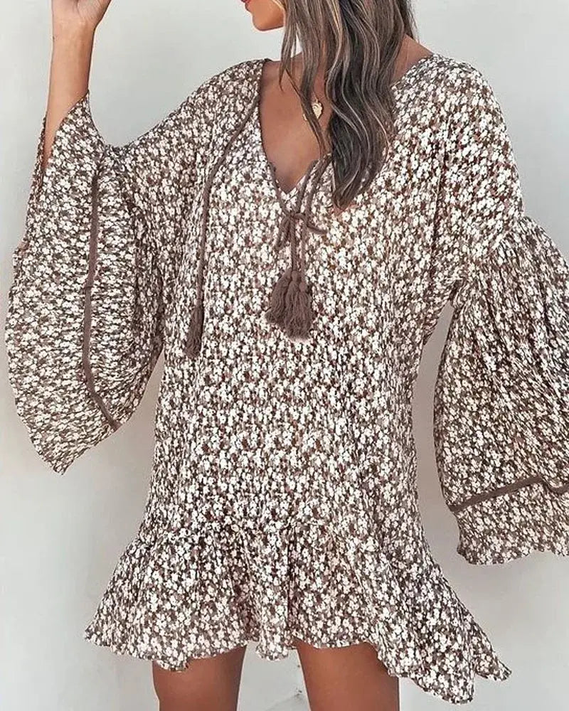 Spring V Neck Floral Sleeve Long Dress - Kia Day Design