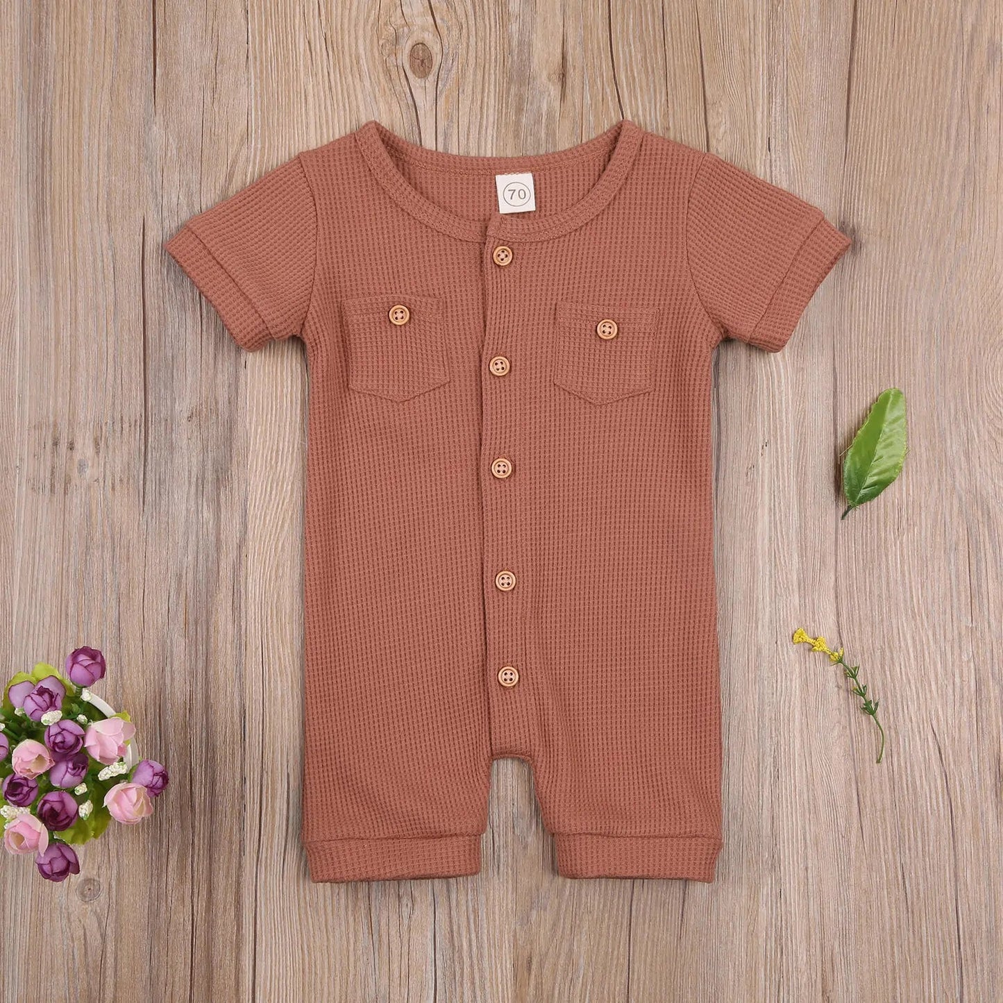 Solid Color Short Sleeve Round Neck Button Baby Playsuit Kia Day Design