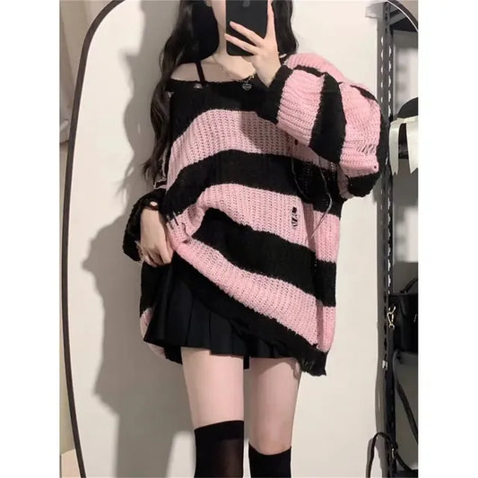 Deeptown Pink Striped Vintage Knitted Sweater - Kia Day Design