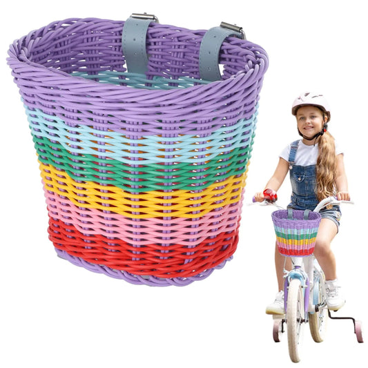Kids Weatherproof Rainbow Rattan Bicycle Basket with Adjustable PU Belts - Kia Day Design