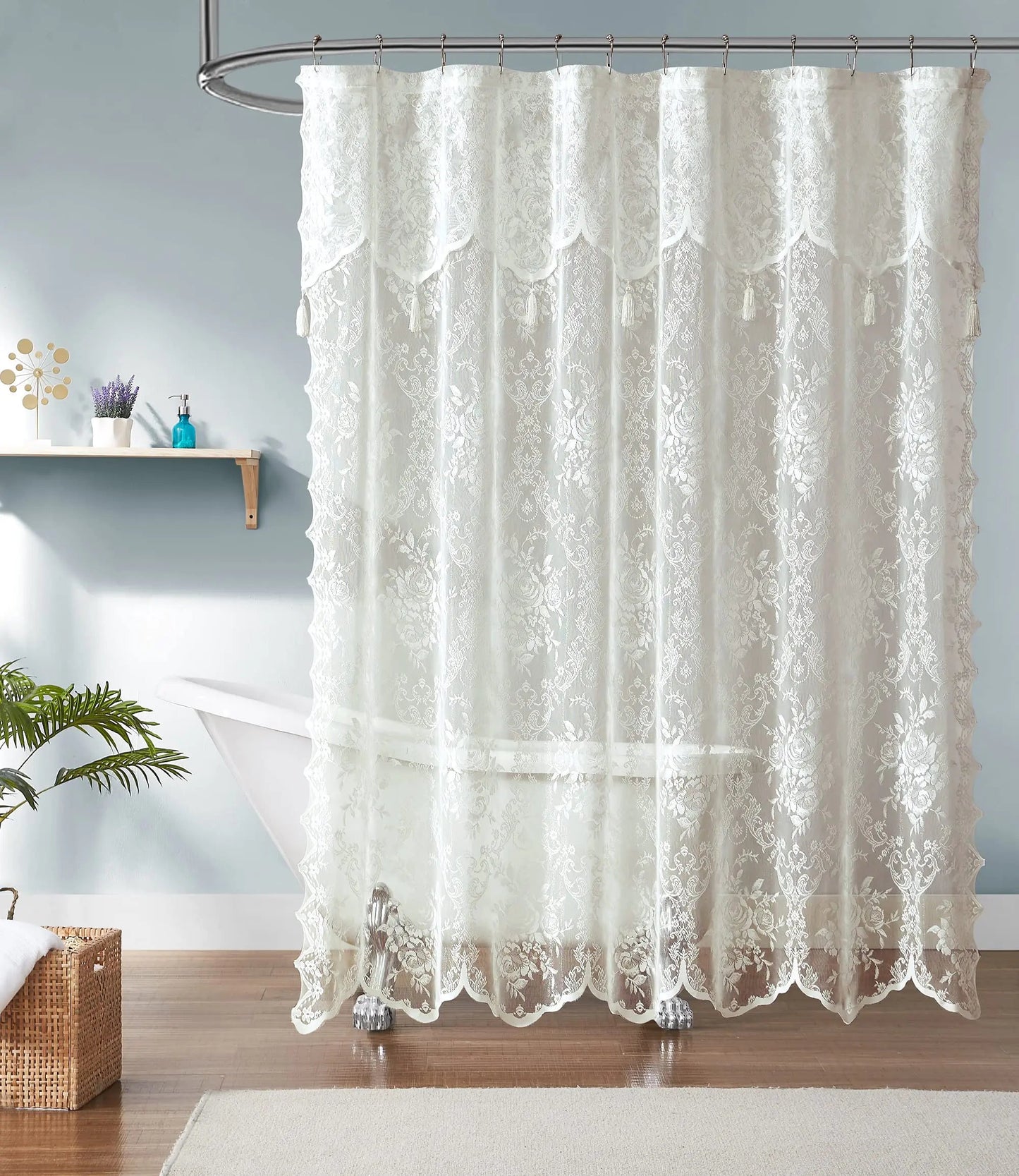 White Lace Shower Curtain 72 x 96 Inches with Attached Valance - Kia Day Design