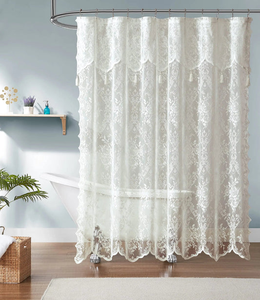 White Lace Shower Curtain 72 x 96 Inches with Attached Valance - Kia Day Design