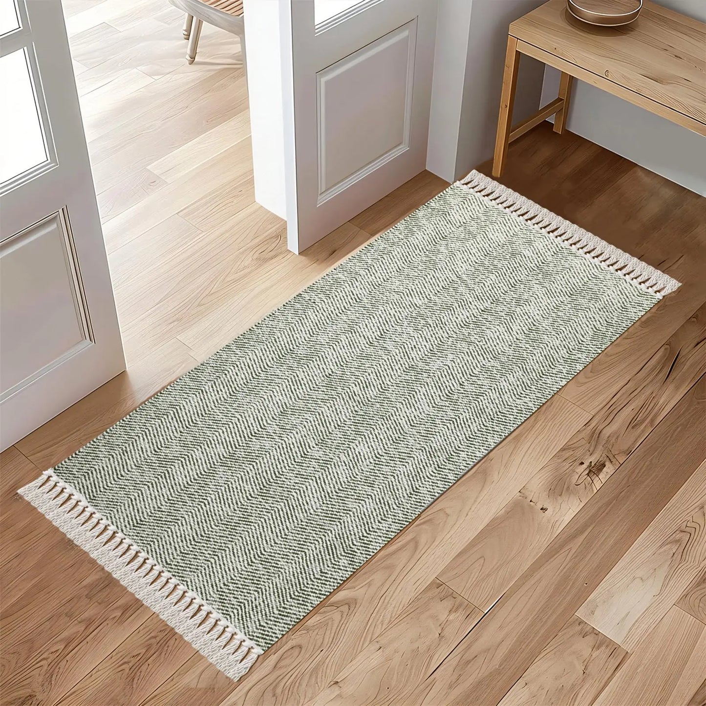 Olive Green and Cream Woven Cotton Washable Reversible Runner Rug with Tassels - Kia Day Design