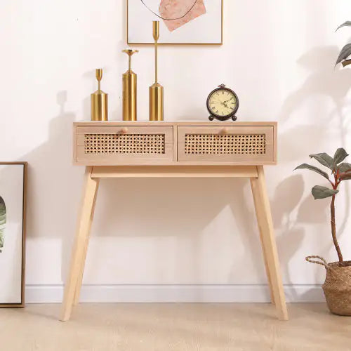 Wood Side Table with Two Rattan Drawers - Kia Day Design