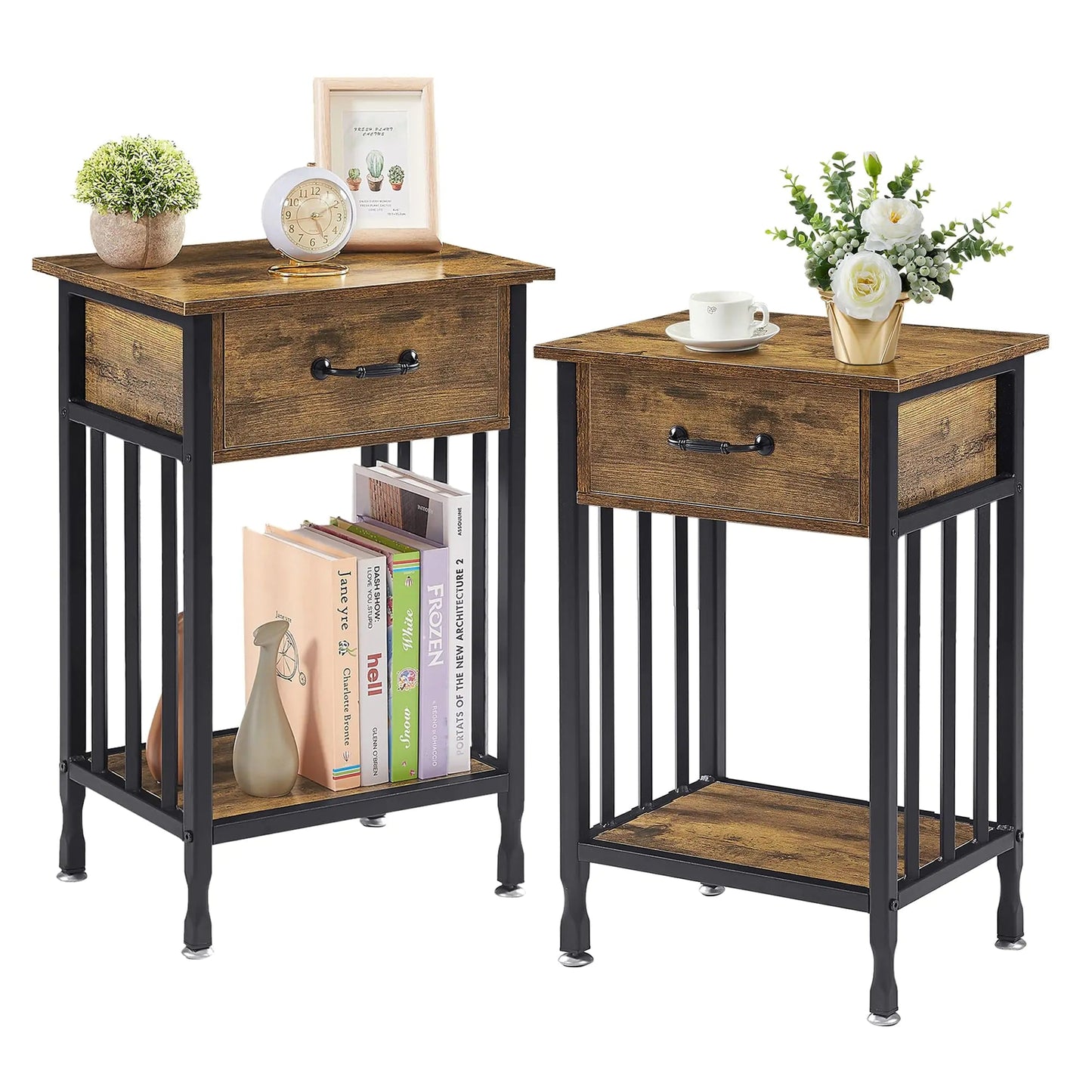 Set of 2 Nightstands with Drawer Wood Metal Tables - Kia Day Design