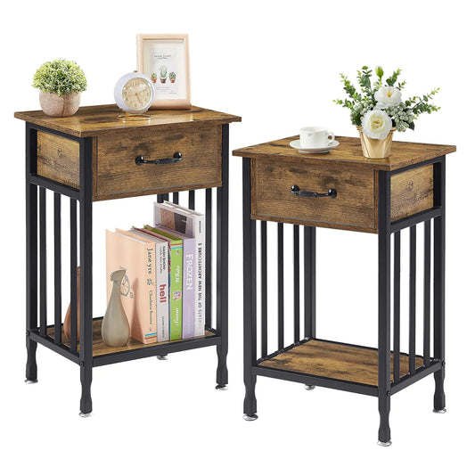 Set of 2 Nightstands with Drawer Wood Metal Tables - Kia Day Design