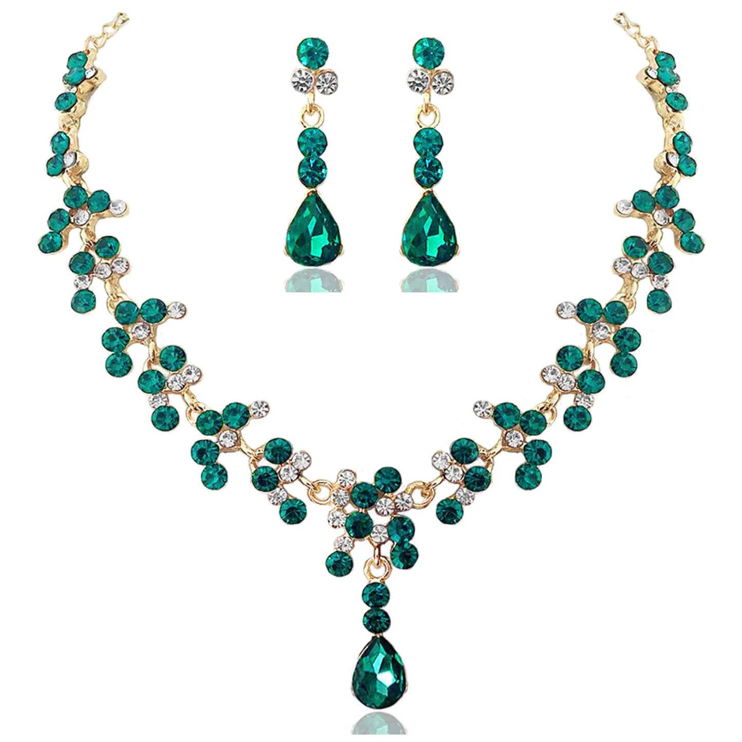 Dcfywl731 Green Bridal Wedding Jewelry Set Rhinestone Necklace Earrings Bracelet Sets Prom Jewelry Sets Formal Costume Jewelry Accessories for Women and Brides(K-3)