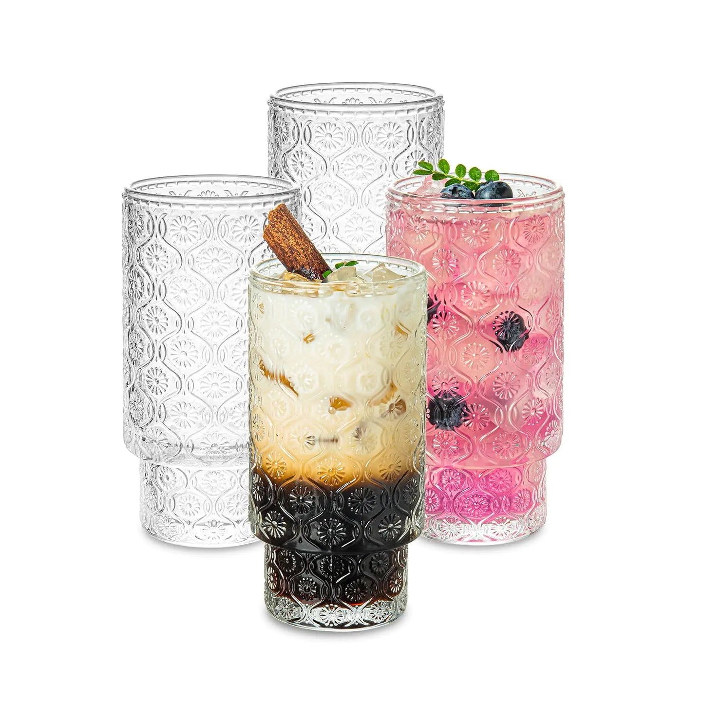SoulTimes Glass Cups Vintage Glassware | Set of 4 Large Embossed Stackable Pattern Style Transparent Cocktail Glasses Set Ice Coffee Cup Juice Drinkware Clear 310ml (L) Kia Day Design
