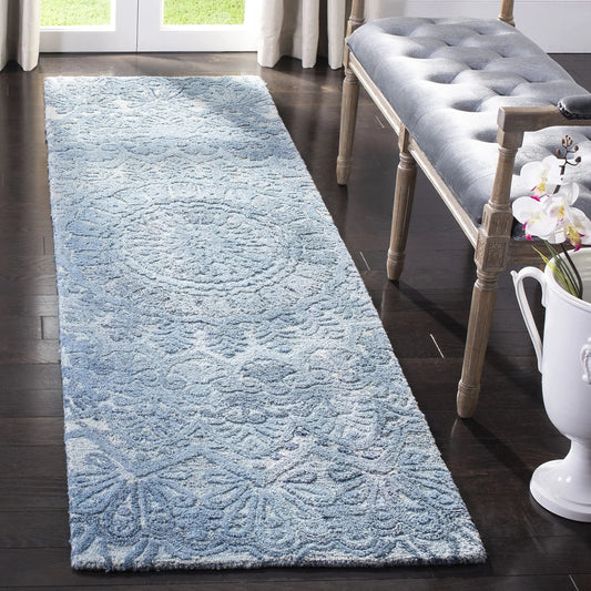 Blue and Ivory Handmade Mandala Medallion Wool Runner - Kia Day Design