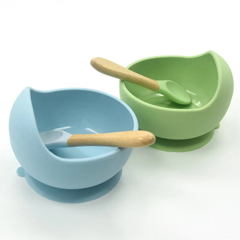 Baby Silicone Feeding Set with Wooden Handle Spoon