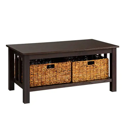 Coastal Coffee Table With Lower Shelf And Faux Rattan Baskets - Espresso - - table