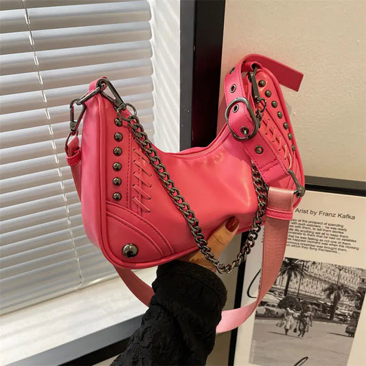 Vintage Heavy Rivet Chain Shoulder Bag - Dark Pink - shoulder bag