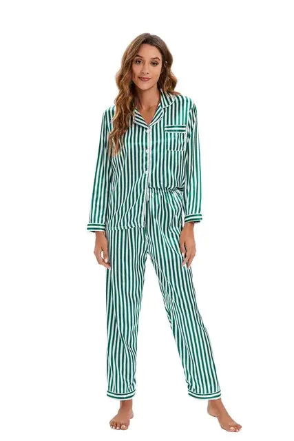 Two Piece Set Pajamas for Women Striped Satin Silk Sleepwear Kia Day Design