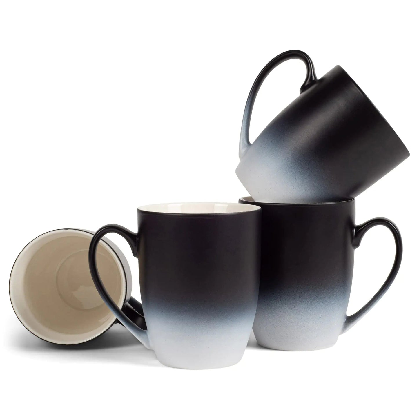 Set of 4 12 ounce Black White Ombre Ceramic Stoneware Coffee Mugs - - mug
