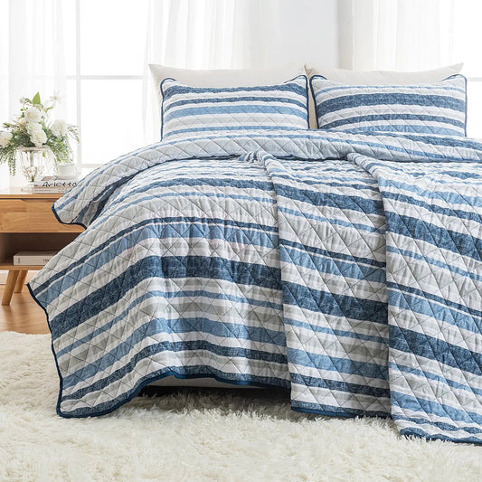 Twin 2 Piece Reversible Microfiber Quilt Blue Stripe Set - Kia Day Design