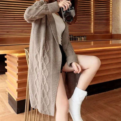 Fall Winter Women Knitted Cardigans Casual Hooded Long Sweaters Beige