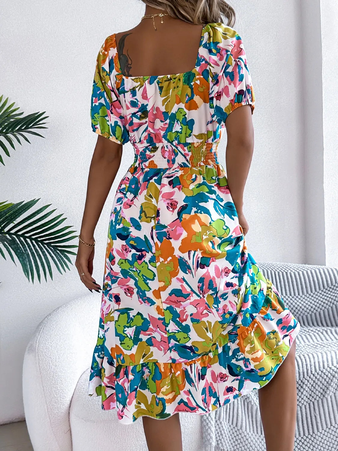 Ruffled Hem Smocked Floral Short Sleeve Midi Dress - -