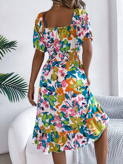 Ruffled Hem Smocked Floral Short Sleeve Midi Dress - -