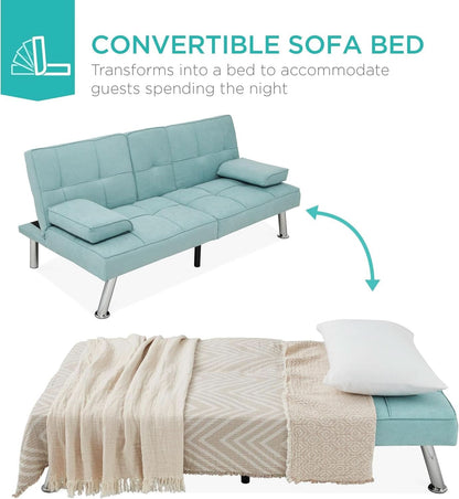 Linen Folding Futon Sofa Bed Aqua With Removable Armrests- ShipItFurniture- {{Product type}}