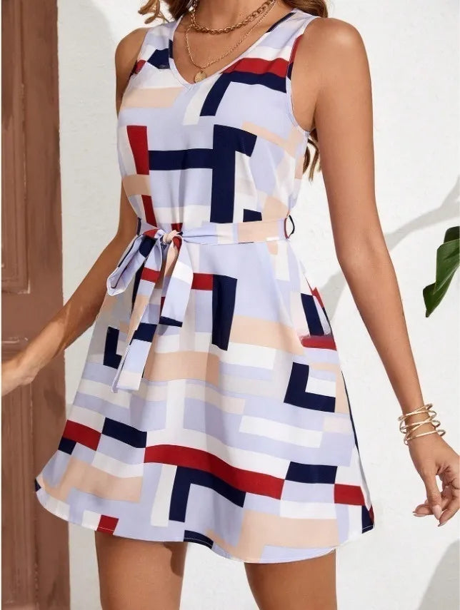 Geometric Print Sleeveless Mini Dress with Belt - -