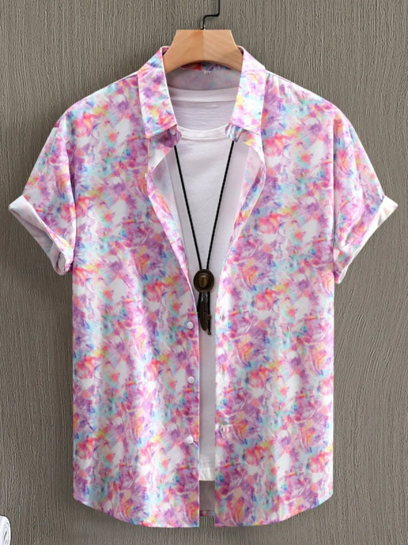 Men's Printed Short Sleeve Casual Shirt - Pink Purple -