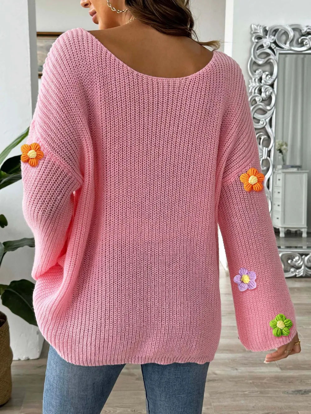 Flower Round Neck Long Sleeve Sweater - -